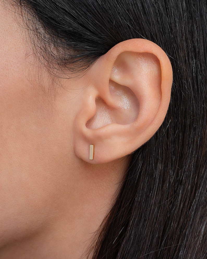 14k Solid Gold Bar Stud Earrings Etsy