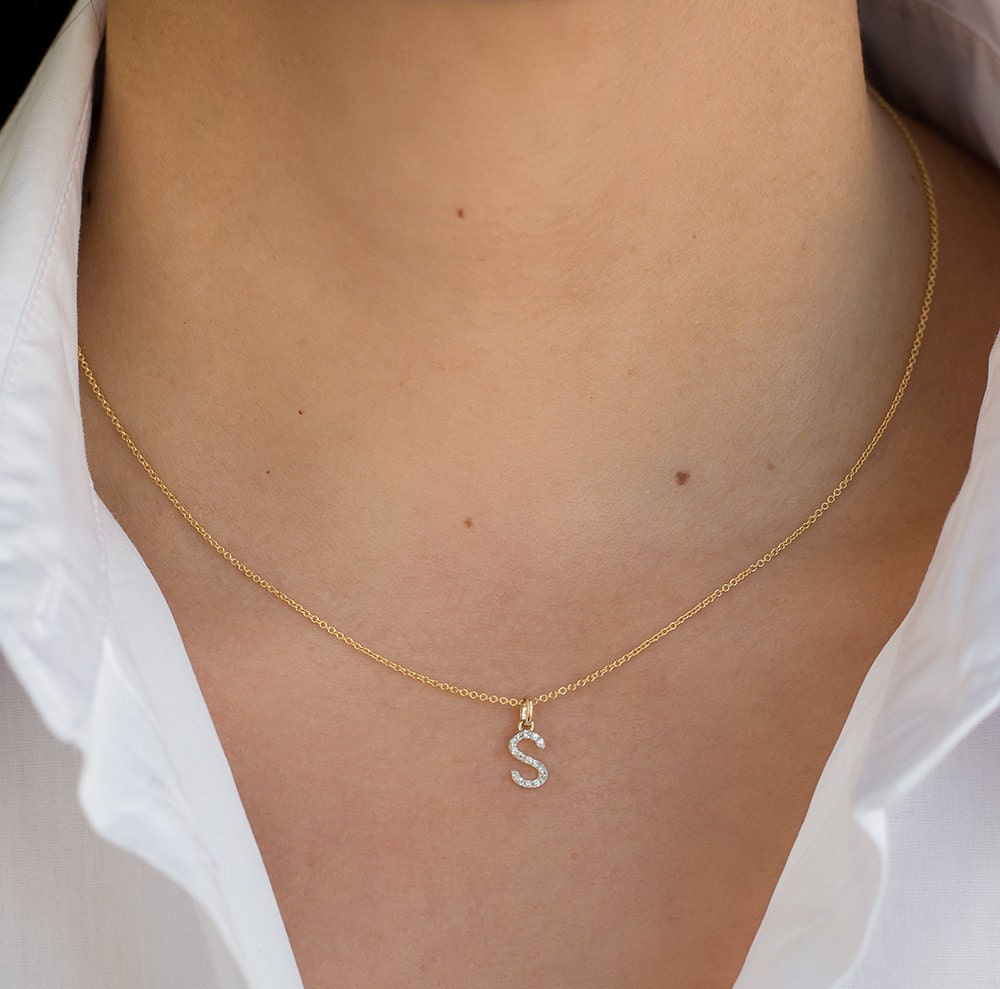 Diamond Initial Pendant Necklace Diamond Letter Necklace Etsy