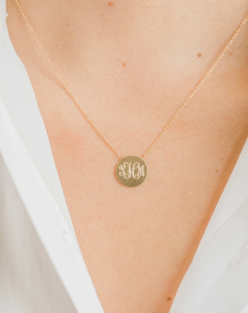 14k gold engraved disc necklace gold monogrammed necklace Etsy