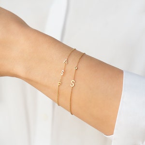 14k Gold Letter and Bezel Diamond Bracelet, Gold Initial Bracelet image 6