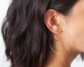 14k Gold Large Thin Thread Hoop Earrings