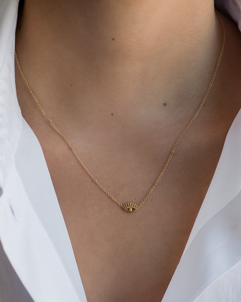 14k Gold Evil Eye With Lashes Necklace Gold Evil Eye Etsy