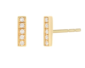 Pave Diamond Bar Earring Studs | 14k Solid Gold