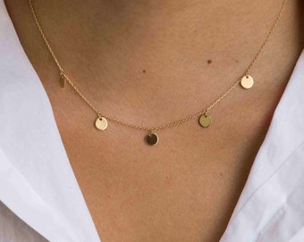 14k Gold Discs Necklace, Solid Gold Multiple Disc Choker