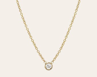 14k Gold Bezel Diamond Necklace, Solitaire Necklace