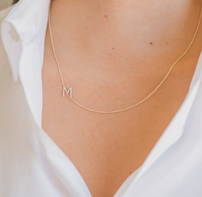 Diamond Sideways Initial Necklace 14k Solid Gold Pave - Etsy