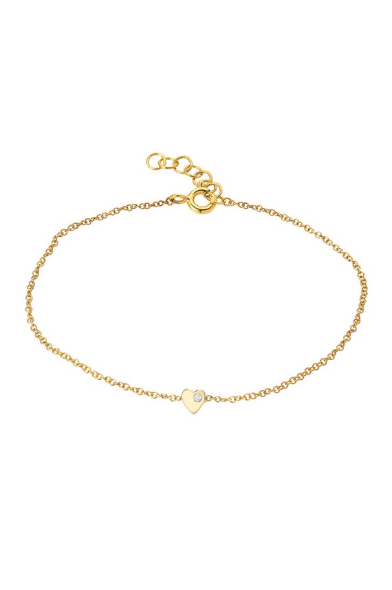 14k Gold Tiny Heart Bracelet With Diamond - Etsy