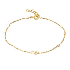 Pulsera de diamantes de letra y bisel de oro de 14k, pulsera inicial de oro