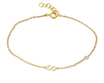 14k Gold Letter and Bezel Diamond Bracelet, Gold Initial Bracelet