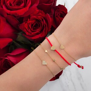 14k Gold Heart with Tiny Diamond String Bracelet image 3