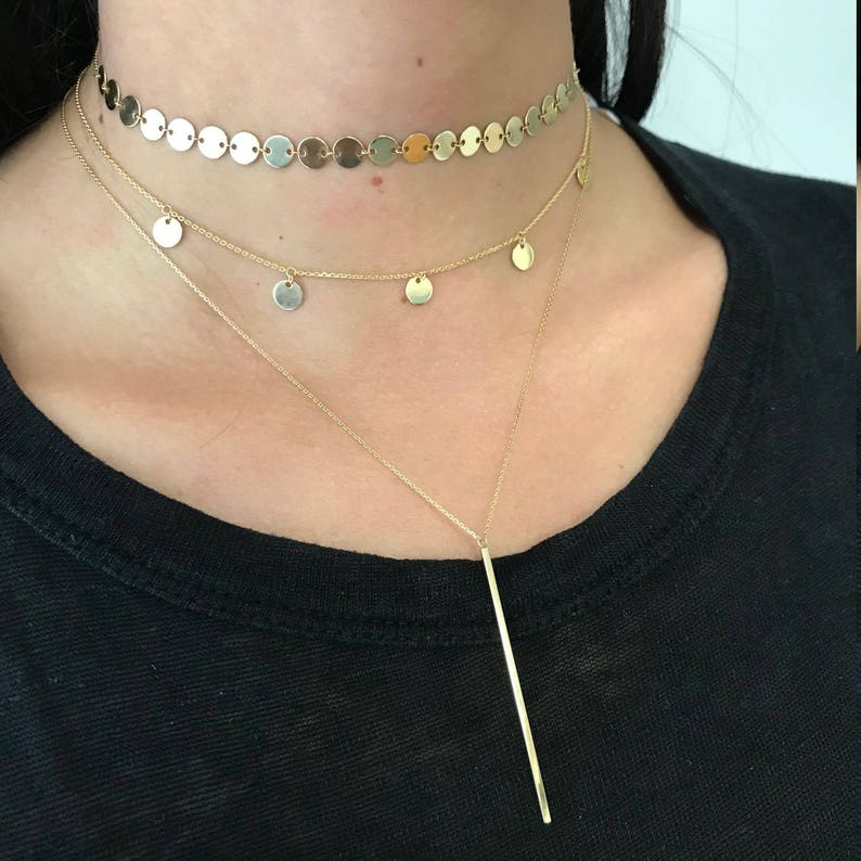 14k Gold Discs Necklace Solid Gold Multiple Disc Choker Etsy
