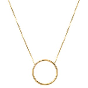 May include: A gold chain necklace with a simple circle pendant.