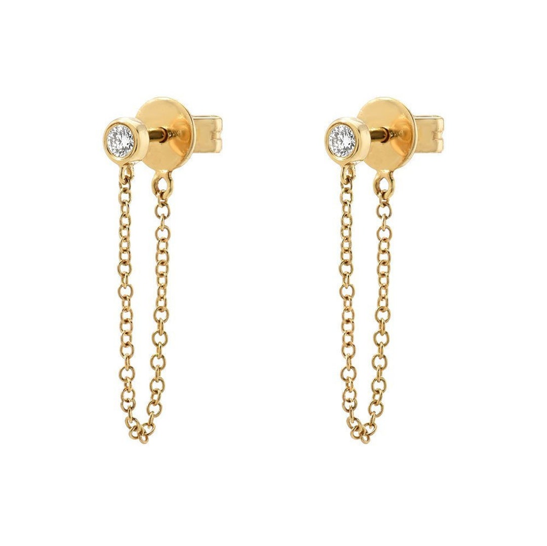 Bezel Diamond Chain Stud Earrings - Etsy