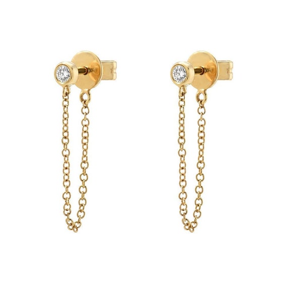 Bezel Diamond Chain Stud Earrings | Etsy