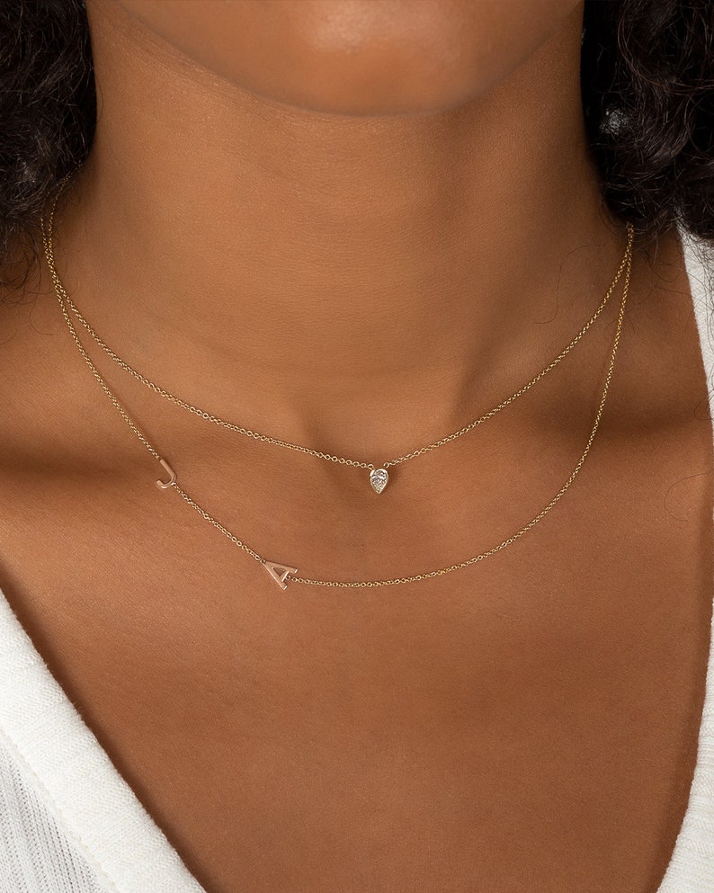 Double 14k Gold Asymmetrical Initial Necklace image 5