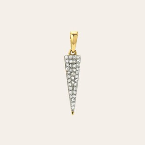 May include: A gold pendant shaped like a triangle with a pave setting of small diamonds.