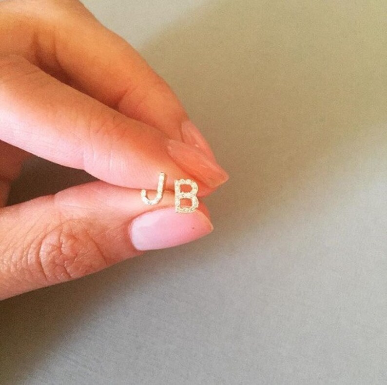 Diamond initials earring studs pair diamond letter studs Etsy