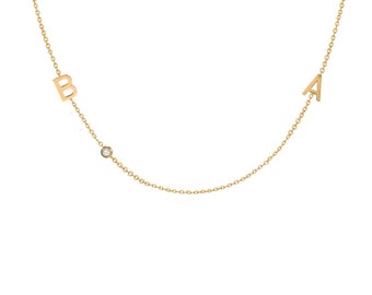 14k Gold Double Asymmetrical Initial and Bezel Neklace