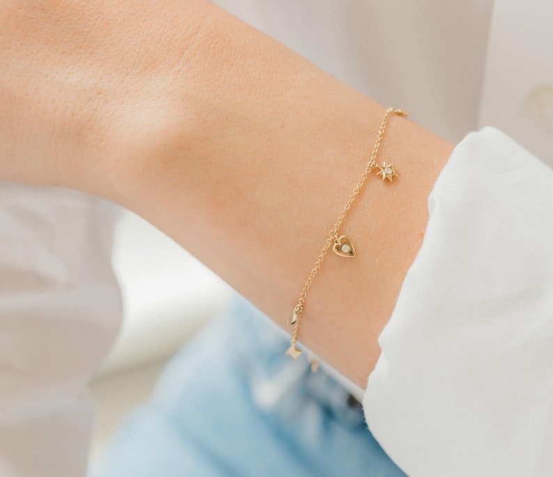 14k Solid Gold Charm Bracelet Etsy