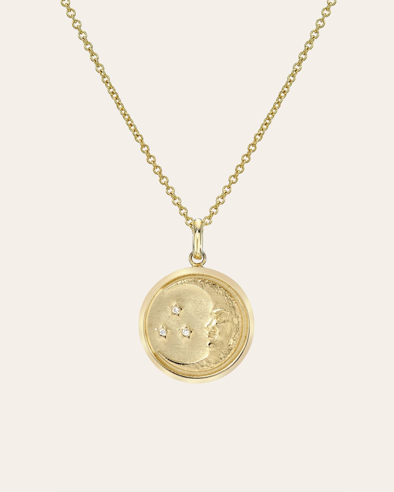 14k Gold Diamond Moon Medallion Necklace image 1