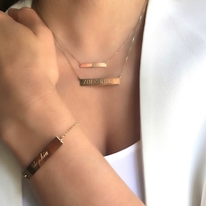 14k gold name bar necklace, engraved bar necklace