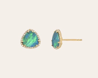 Diamond Opal Stud Earrings, Opal Stone Studs | 14k Solid Gold