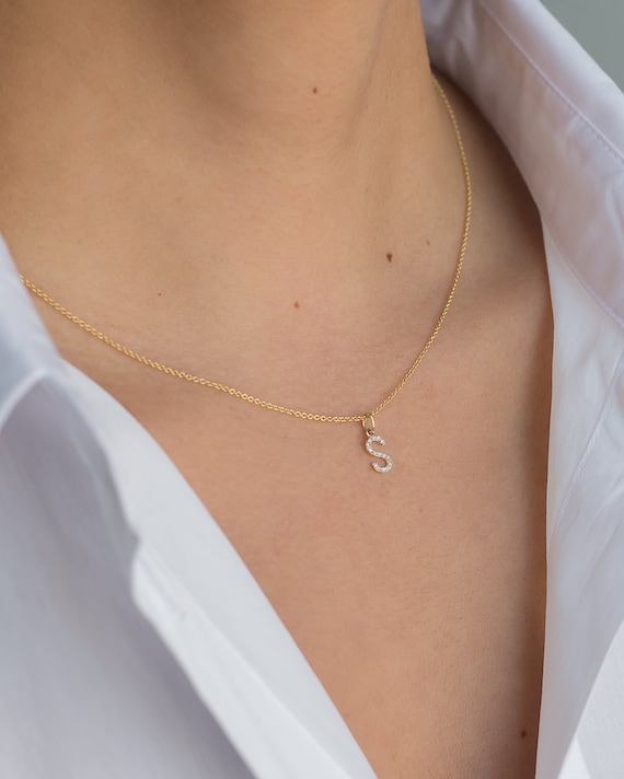 Diamond Letter Necklace 14k Solid Gold 