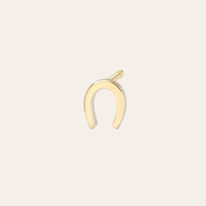 May include: A gold horseshoe-shaped earring. The earring is a simple design with a smooth finish.