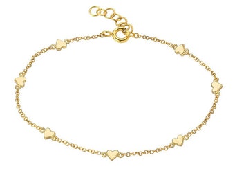 14k Gold Hearts Bracelet, Heart Charm Bracelet, 14k Solid Gold