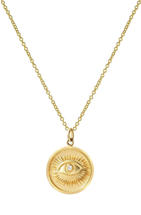 14k Gold Diamond Eye Medallion Necklace 