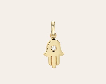 14k Gold Hamsa with Tiny Diamond Pendant