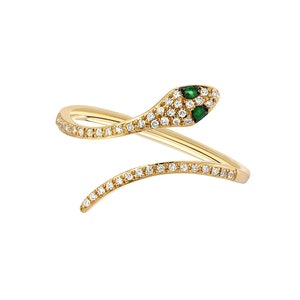 Pave Diamond Snake Ring, 14k Gold, Emerald and Diamonds image 1