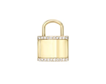 May include: A gold padlock charm with a diamond-encrusted border. The padlock is closed and has a smooth, polished surface.