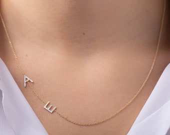 Double Diamond Asymmetrical Initials Necklace Etsy UK