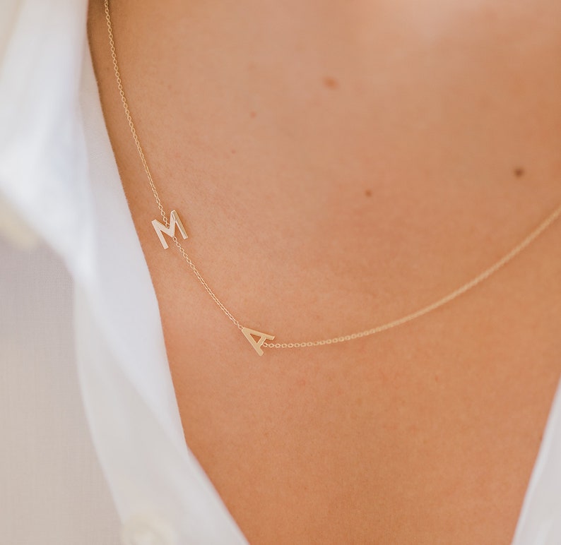 Double 14k Gold Asymmetrical Initial Necklace image 1