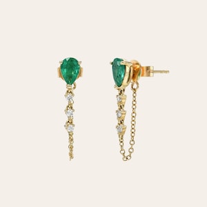 Emerald Pear & Diamond Drop Chain Stud Earring