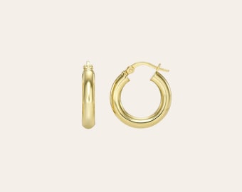May include: A pair of gold-colored hoop earrings. The earrings are round with a thick, smooth band. The clasp is visible on one earring. The earrings are displayed against a light background.
