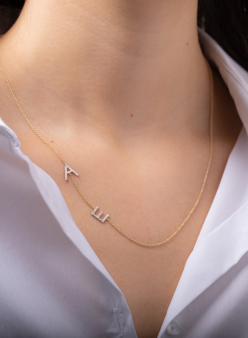 Double Diamond Asymmetrical Initials Necklace - Etsy