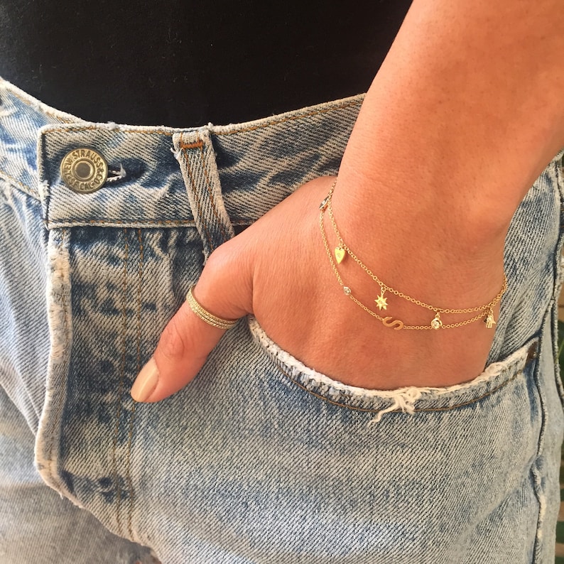 14k Solid Gold Charm Bracelet Etsy