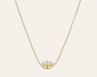 14k gold evil eye with lashes necklace, gold evil eye