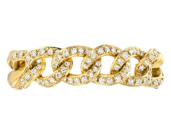 Diamond Cuban Link Ring, Pave Diamond and 14k Solid Gold