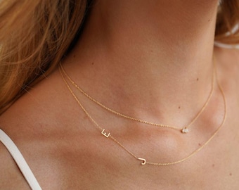 Double 14k gold asymmetrical initial necklace
