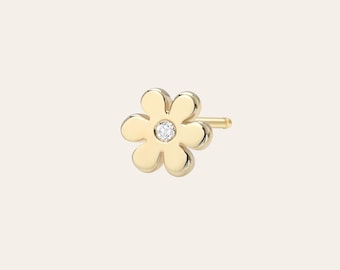 14k Gold Tiny Flower with Diamond Stud Earring