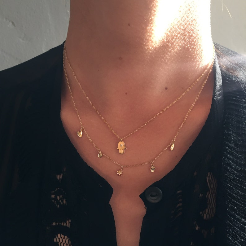 14k Solid Gold Charm Necklace Etsy