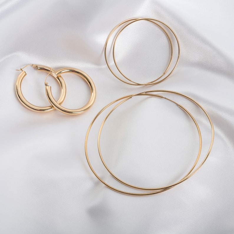 14k Gold Large Thin Thread Hoop Earrings image 2