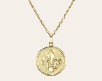 14k Gold Diamond Fleur De Lis Medallion Necklace