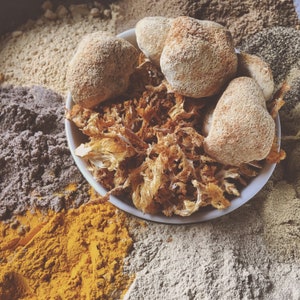 Puede incluir: Un cuenco blanco lleno de setas secas de color marr&oacute;n claro y un mont&oacute;n de setas secas, trituradas, de color beige. El cuenco est&aacute; sobre una superficie cubierta de polvos de varios colores, incluyendo amarillo, beige y gris.