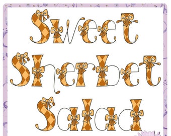 Sweet Sherbet Salad Alphabet, orange, alpha, text, font, letters, phrases, words, titles, word art, titles, bows, vintage, whimsical