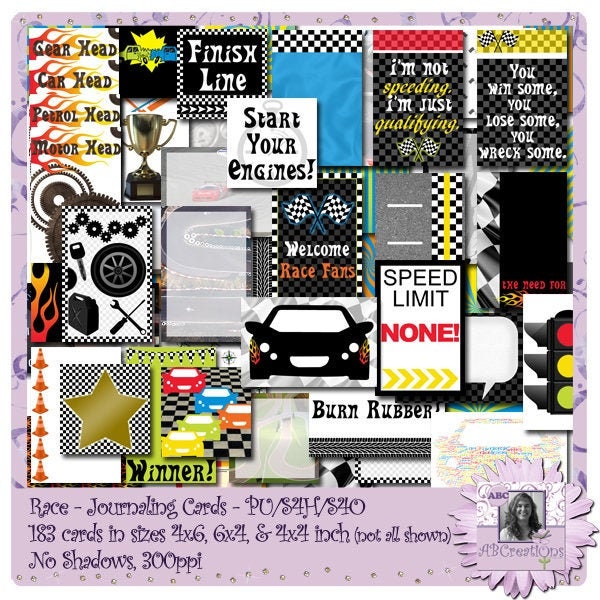 Race Car, Hot Rod, Track Racing, Journaling Cards for Project Life, Planners, Scrapbooking, and more! 4x6 and 6x4 and 4x4!