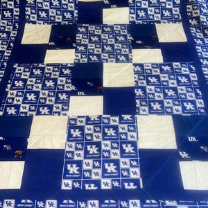 May include: A blue and white quilt with a patchwork design. The quilt is made up of squares with the University of Kentucky logo repeated on each square. The quilt is made with a variety of fabrics and textures.